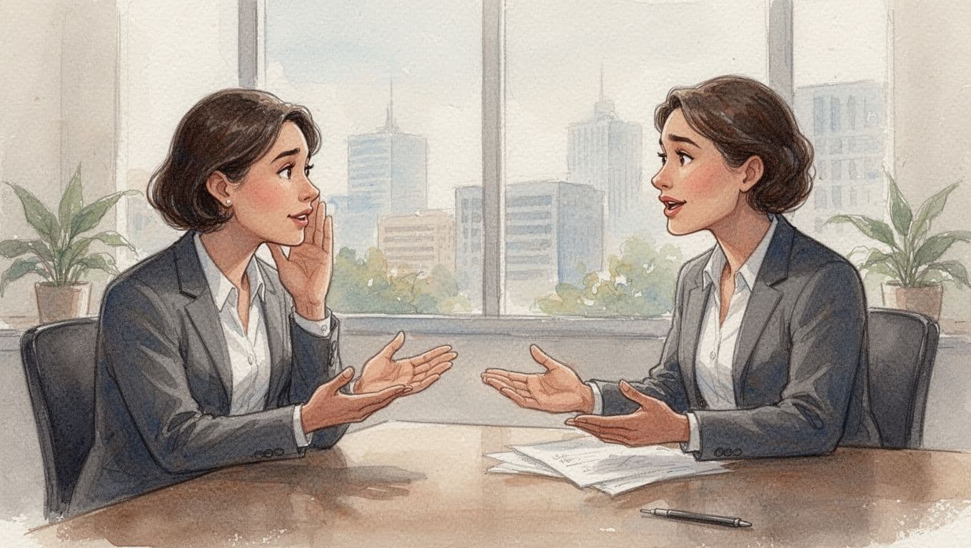 Two people at an office desk in conversation: one nodding attentively with open hands, the other speaking calmly, in watercolor style with soft blending, warm neutral tones, and visible brush texture.
