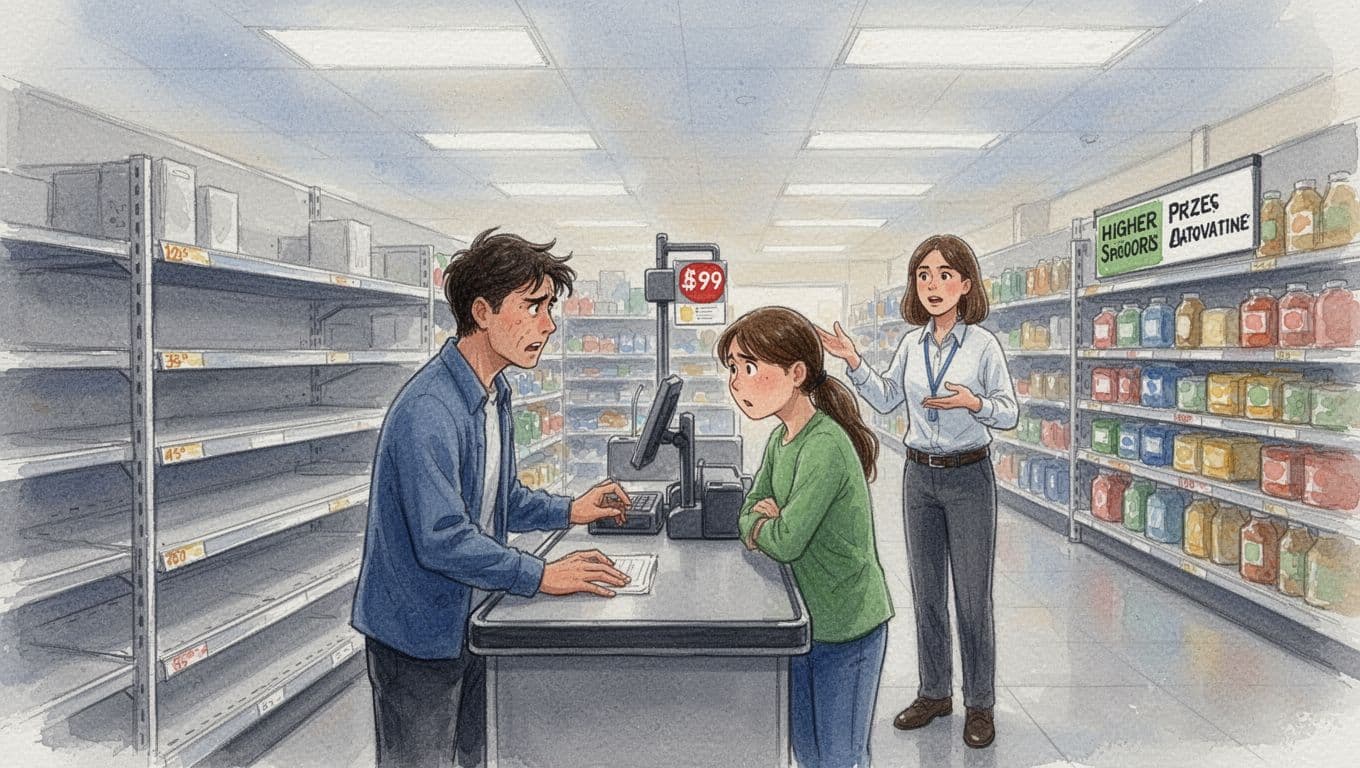 A frustrated shopper stands at the checkout counter in a store, facing an empty low-price display shelf, while a salesperson in the background gestures toward a higher-priced alternative, rendered in watercolor style with soft blending, visible brush texture, and fluorescent lighting.