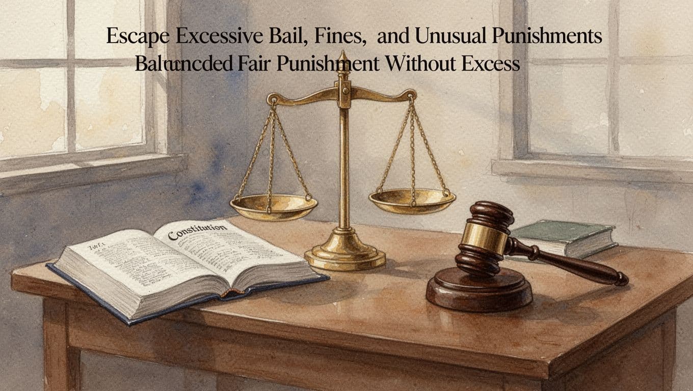 A balanced courtroom scale symbolizing justice on a wooden desk beside an open Constitution book and gavel, rendered in watercolor style with soft blending, muted earth tones, and warm window light.