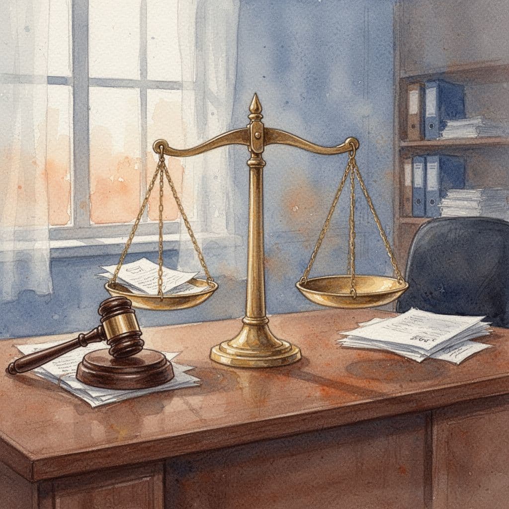 Balanced scales of justice on a wooden desk in a quiet office, one side with gavel and papers, the other empty, in watercolor style with soft blending, muted earth tones, and soft window light.