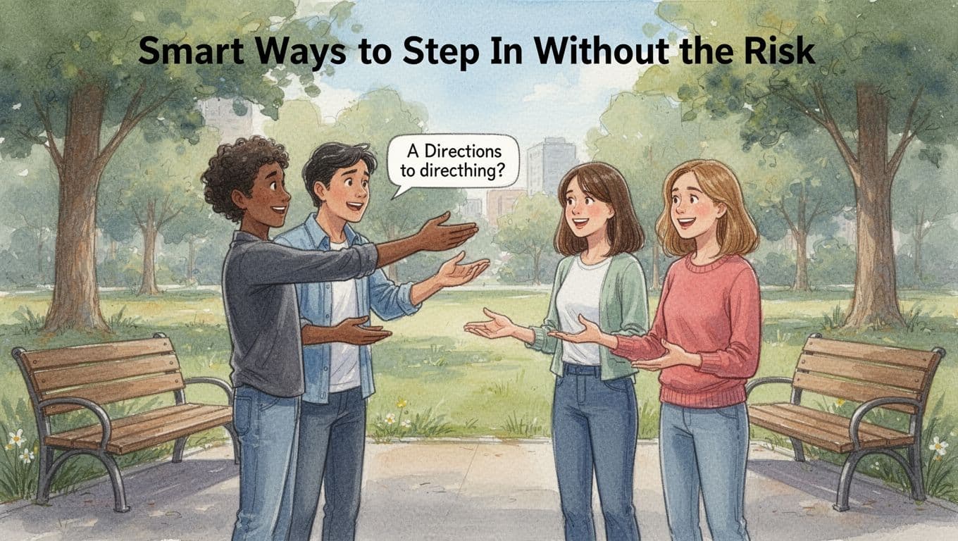 A person distracts a harasser by casually asking for directions to help a woman being bothered in a sunny park, shown in watercolor style with soft blends and brush textures.