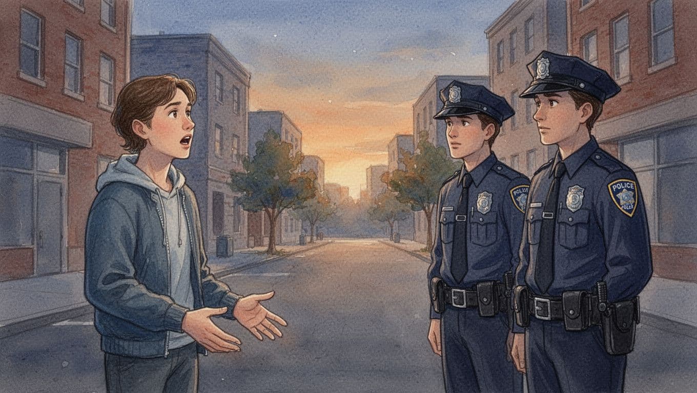 A civilian stands relaxed on a city street at dusk, facing two police officers with hands visible and mouth open as if speaking firmly, rendered in watercolor style with soft blending, brush textures, and muted blues-oranges palette.