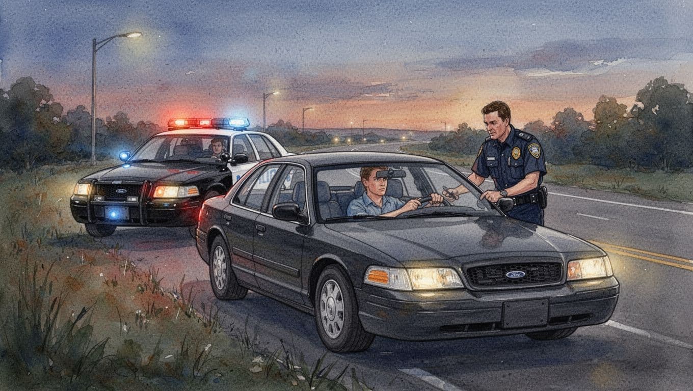 Watercolor-style illustration of a tense traffic stop on a dimly lit roadside at dusk, featuring a police cruiser with flashing lights behind a stopped sedan, a calm driver with hands on the steering wheel visible through the window, and one officer approaching from the side amid empty surroundings.