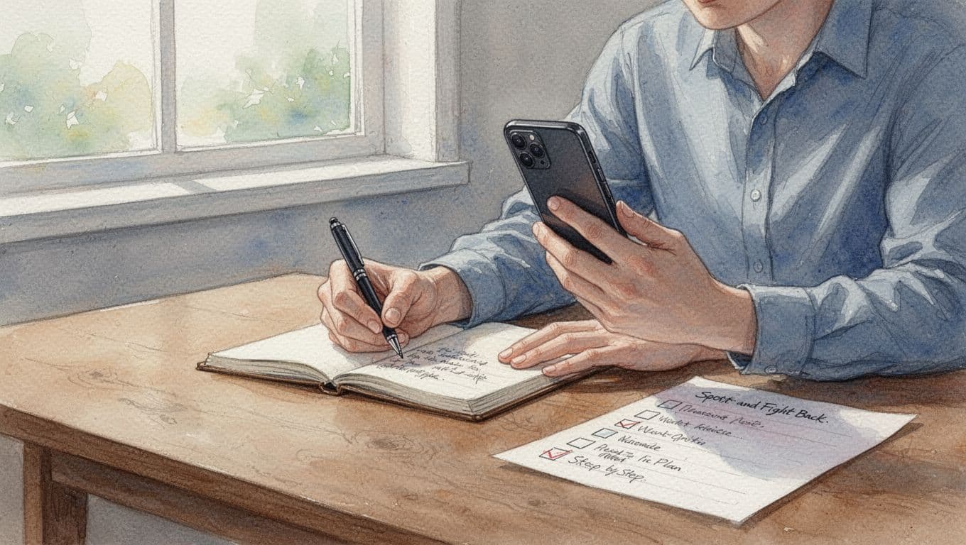 Calm person at wooden desk writing notes in notebook, holding phone ready to record video, checklist nearby in home office with soft window light, watercolor style.