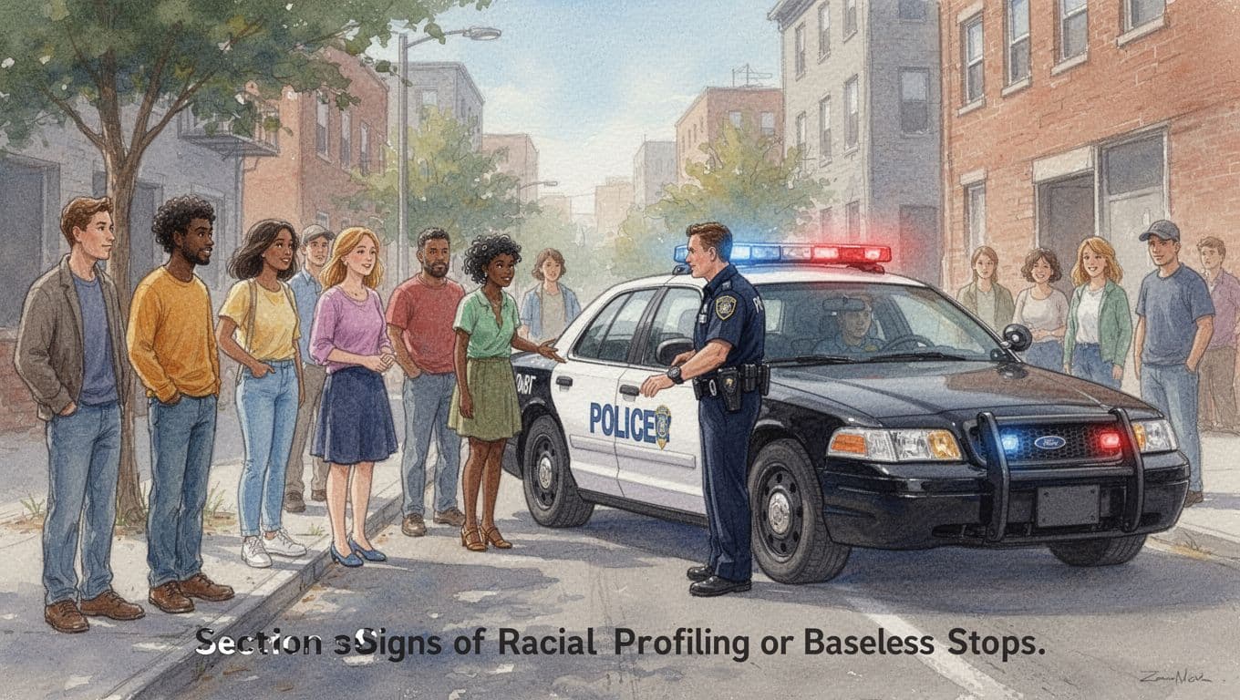 Diverse everyday people pulled over on urban street by police car with lights on, one officer approaching driver's window calmly, bystanders watching from sidewalk, in watercolor style with soft blending and natural light.