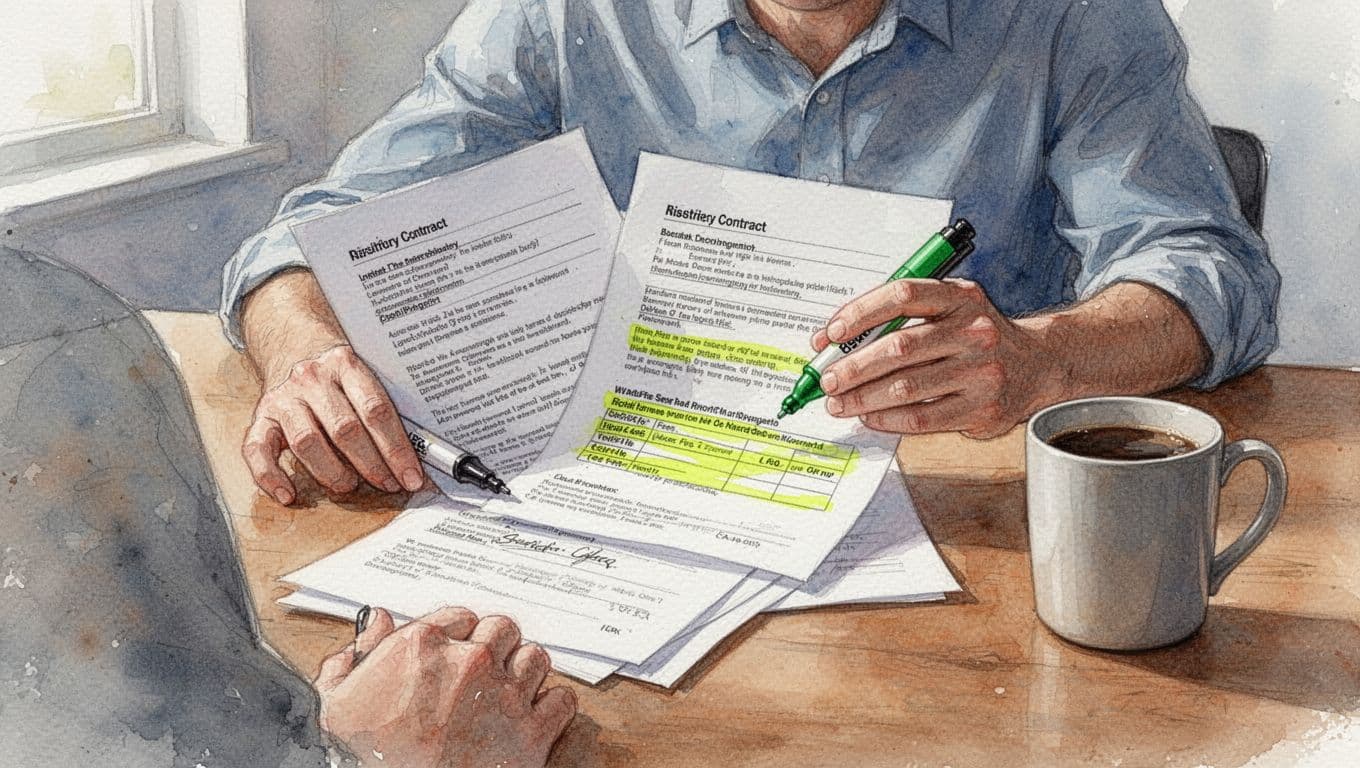 Person seated at wooden desk reading multi-page contract with highlighter marking fees, coffee mug nearby, focused expression in natural indoor light, watercolor style with soft blending and brush texture.
