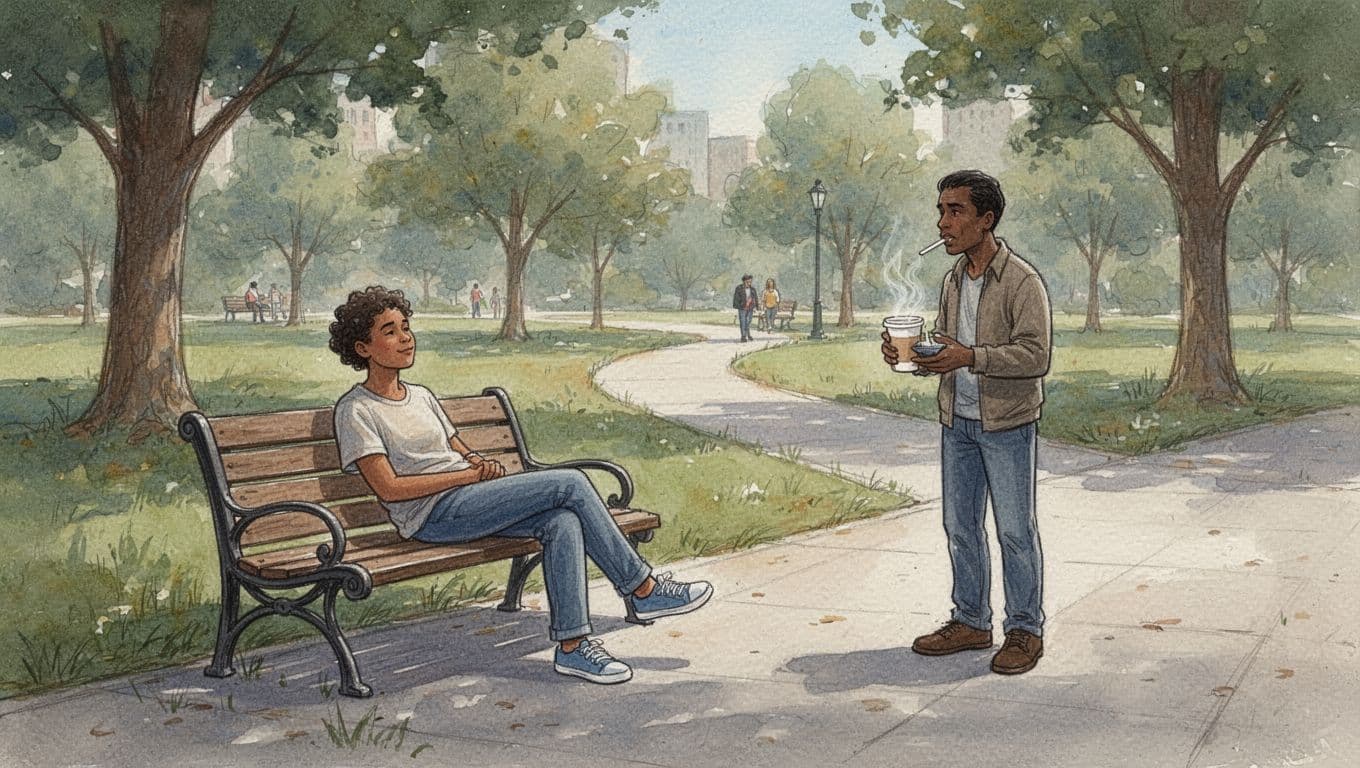 One person relaxed on a wooden park bench in a green public park, another nearby on sidewalk holding paper cup non-aggressively, peaceful daytime watercolor scene with trees and path.