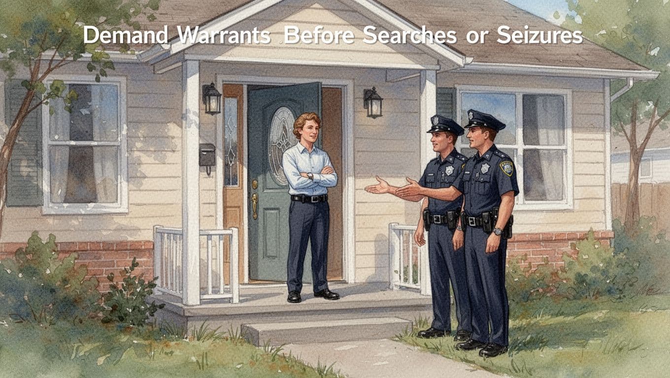 A confident homeowner with arms crossed stands at the open front door of a suburban house, facing two polite police officers on the porch during a peaceful daytime interaction, in watercolor style with soft brush textures and muted earth tones.