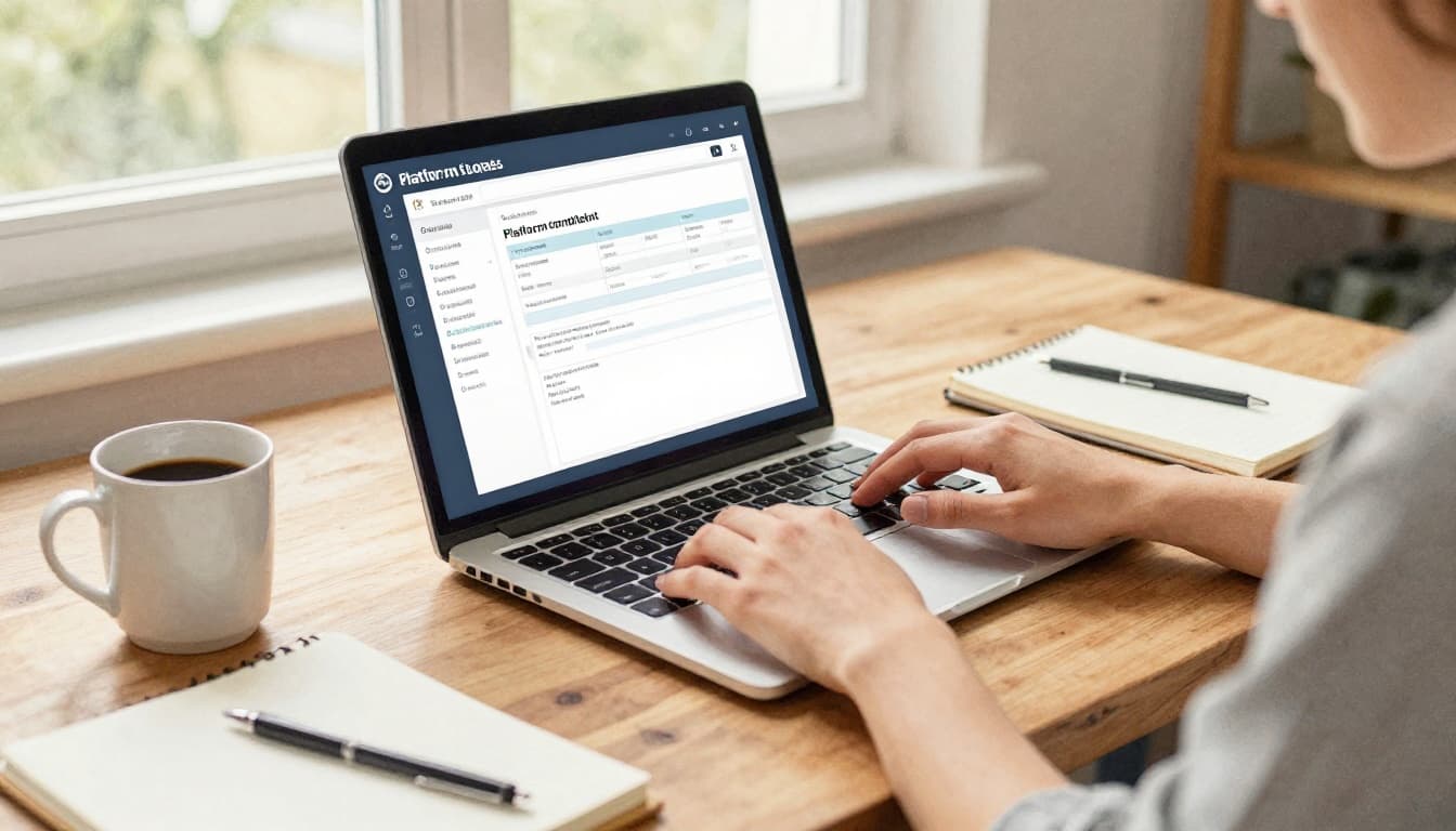 Watercolor-style image of a single person in a relaxed pose at a wooden desk in a cozy home office, laptop open to an orders page with hands on keyboard, coffee mug and notebook nearby, warm natural light, muted tones, landscape view.