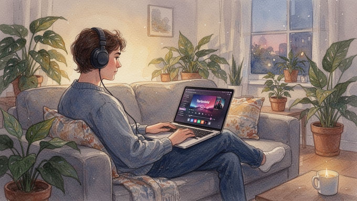 Person comfortably seated on couch streaming music on laptop, headphones on, cozy living room with plants, relaxed evening light. Watercolor style with soft blending and visible brush texture.
