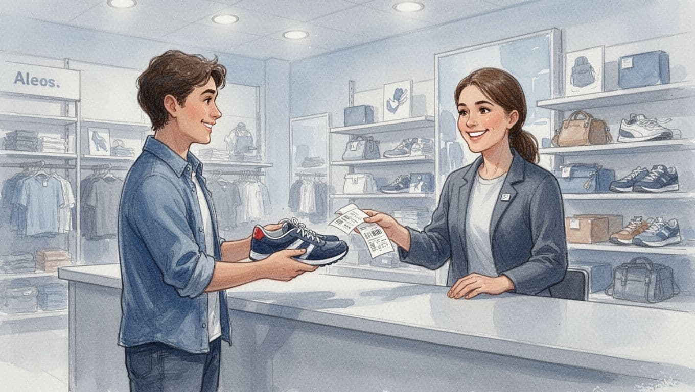 A casually dressed customer stands at a retail store counter, holding unworn shoes and a receipt toward a smiling clerk, set in a bright store with shelves in the background, rendered in watercolor style.