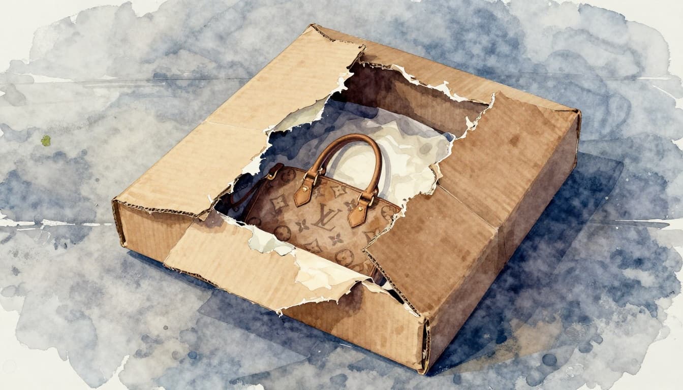Watercolor-style image of a torn-open cardboard package on a front doorstep exposing a fake luxury handbag inside, featuring soft blending, brush textures, and muted blue-gray tones under overcast daylight.