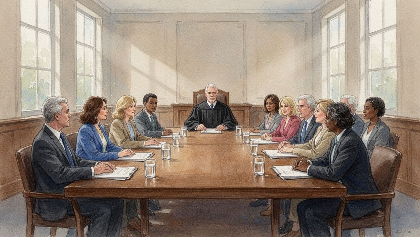 A diverse group of 12 jurors and one judge engaged in calm discussion around a wooden table in a sunlit courtroom, rendered in watercolor style with soft brush textures and muted earth tones.