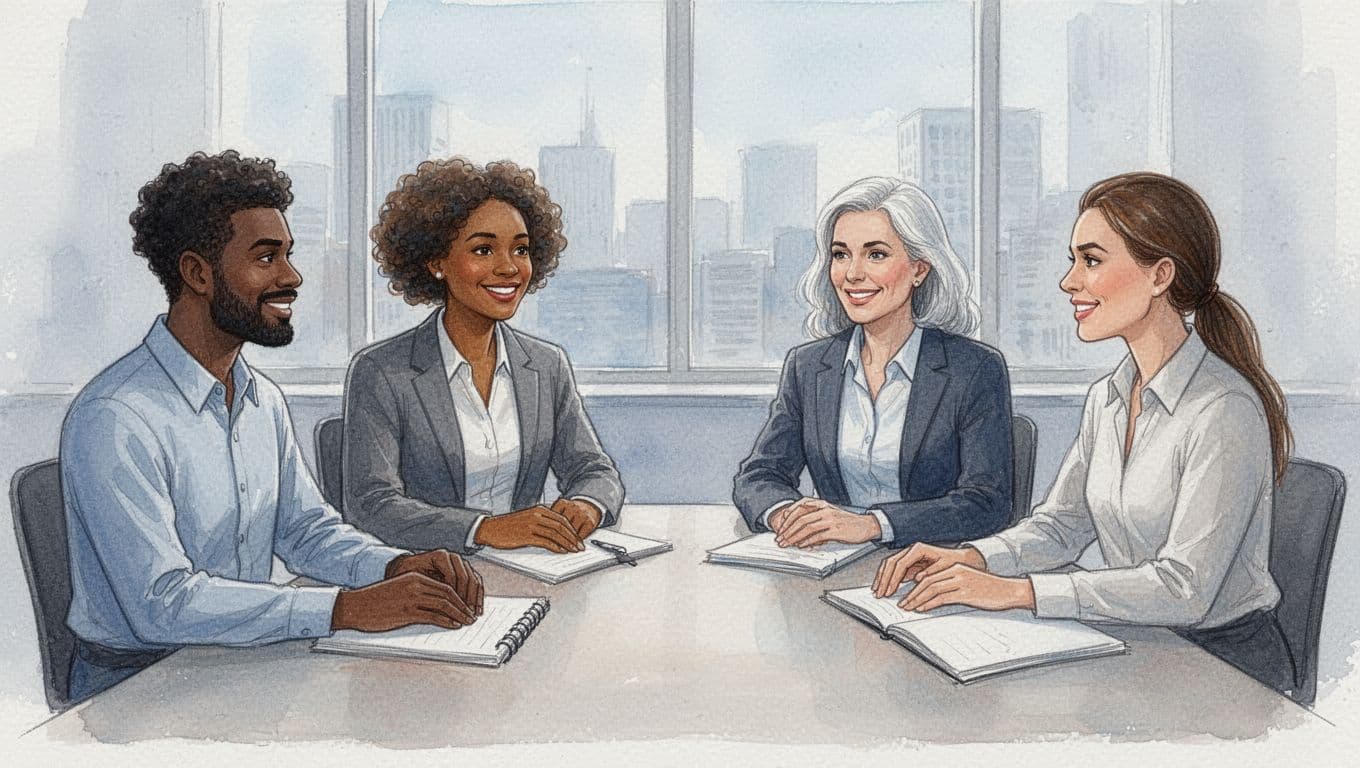 A watercolor-style illustration of four diverse office workers—two men and two women of varying races, ages, and genders—collaborating around a table with notebooks in an inclusive team meeting atmosphere, featuring soft blending, brush textures, and a muted pale blue palette.