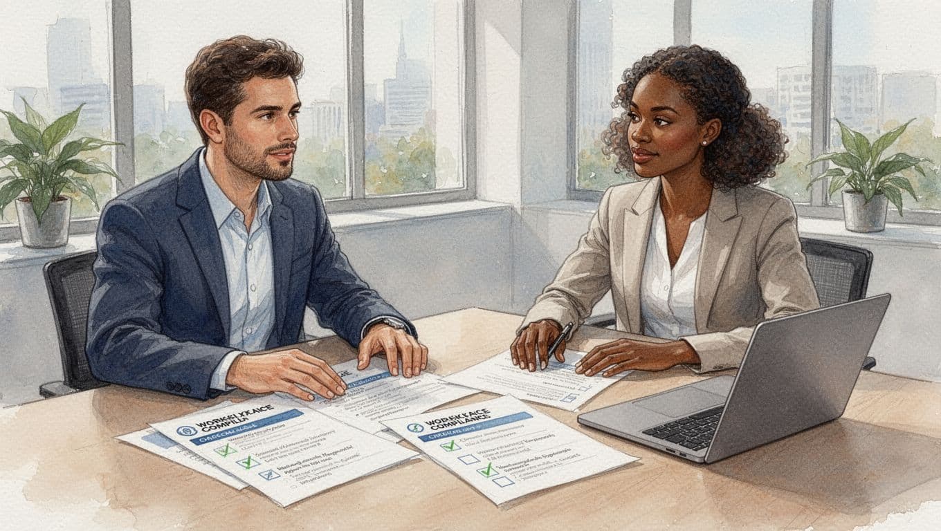 A man and woman professionals in a modern office collaboratively review compliance documents and checklists on a table with a laptop nearby, in watercolor style with soft blending.
