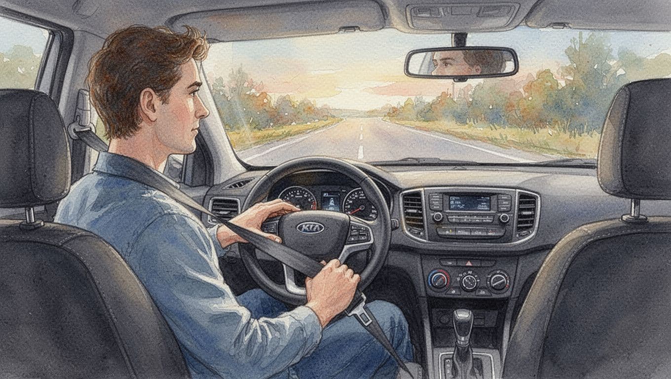 Watercolor style image of a driver buckling their seatbelt inside a car before starting the engine, interior view showing the road ahead through the windshield, soft morning light highlighting safe driving action.