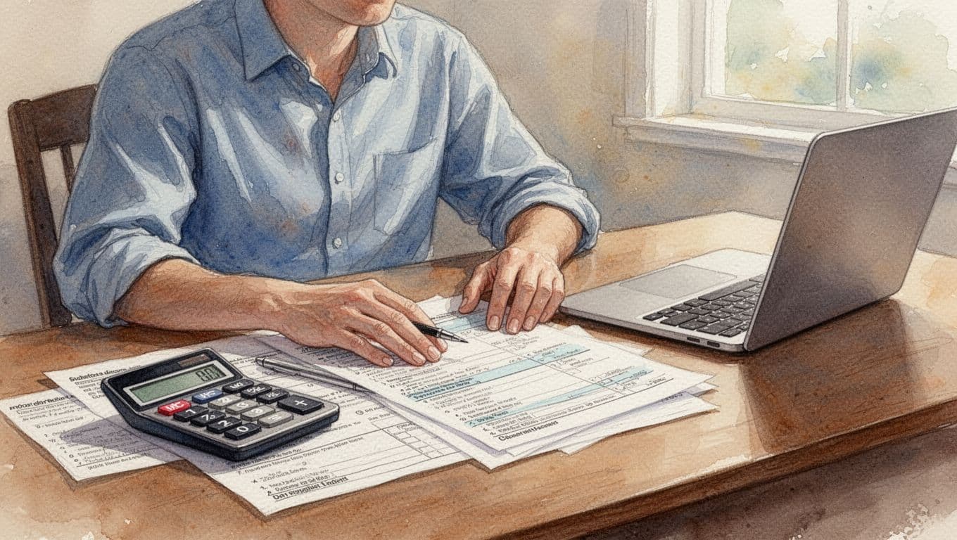 A person sits relaxed at a desk filling out tax forms, with a calculator and laptop nearby in a daytime home office setting. Watercolor style with soft blending, visible brush texture, and warm indoor lighting.