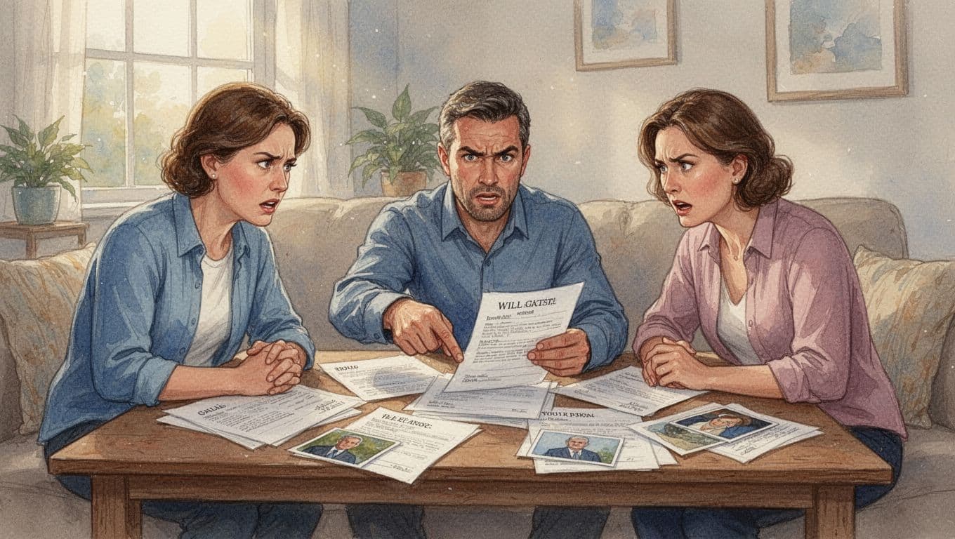 Three adult family members in a cozy living room argue tensely over estate planning documents and wills on a wooden table, illuminated by soft afternoon light, in watercolor style.