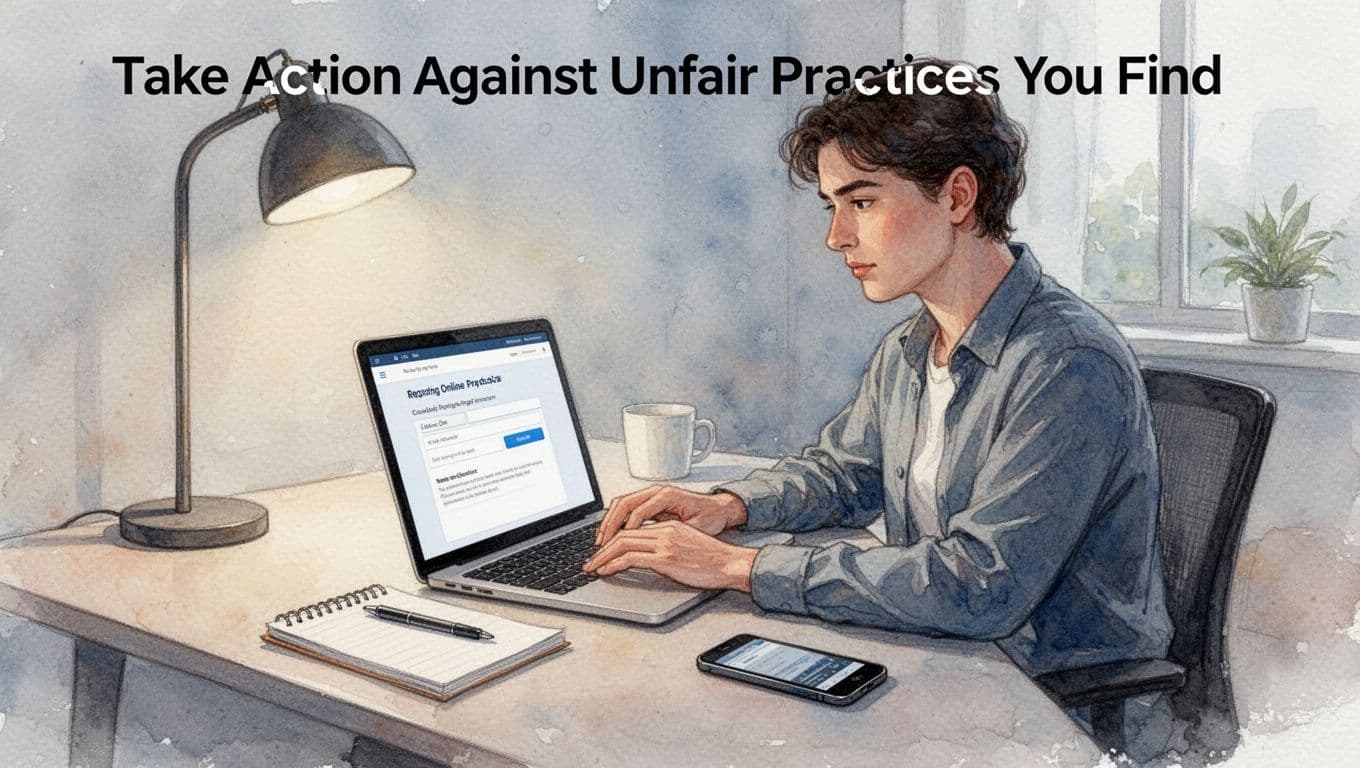 Focused person at modern home desk using laptop to file online complaint form, notepad and phone nearby, watercolor style with soft blending and brush texture.