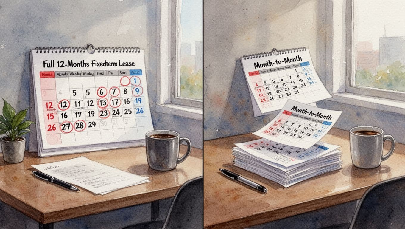 Cozy desk in modern apartment with split scene: left side wall calendar for 12-month fixed-term lease, right side flipping monthly pages for month-to-month rental, watercolor style with warm lighting.