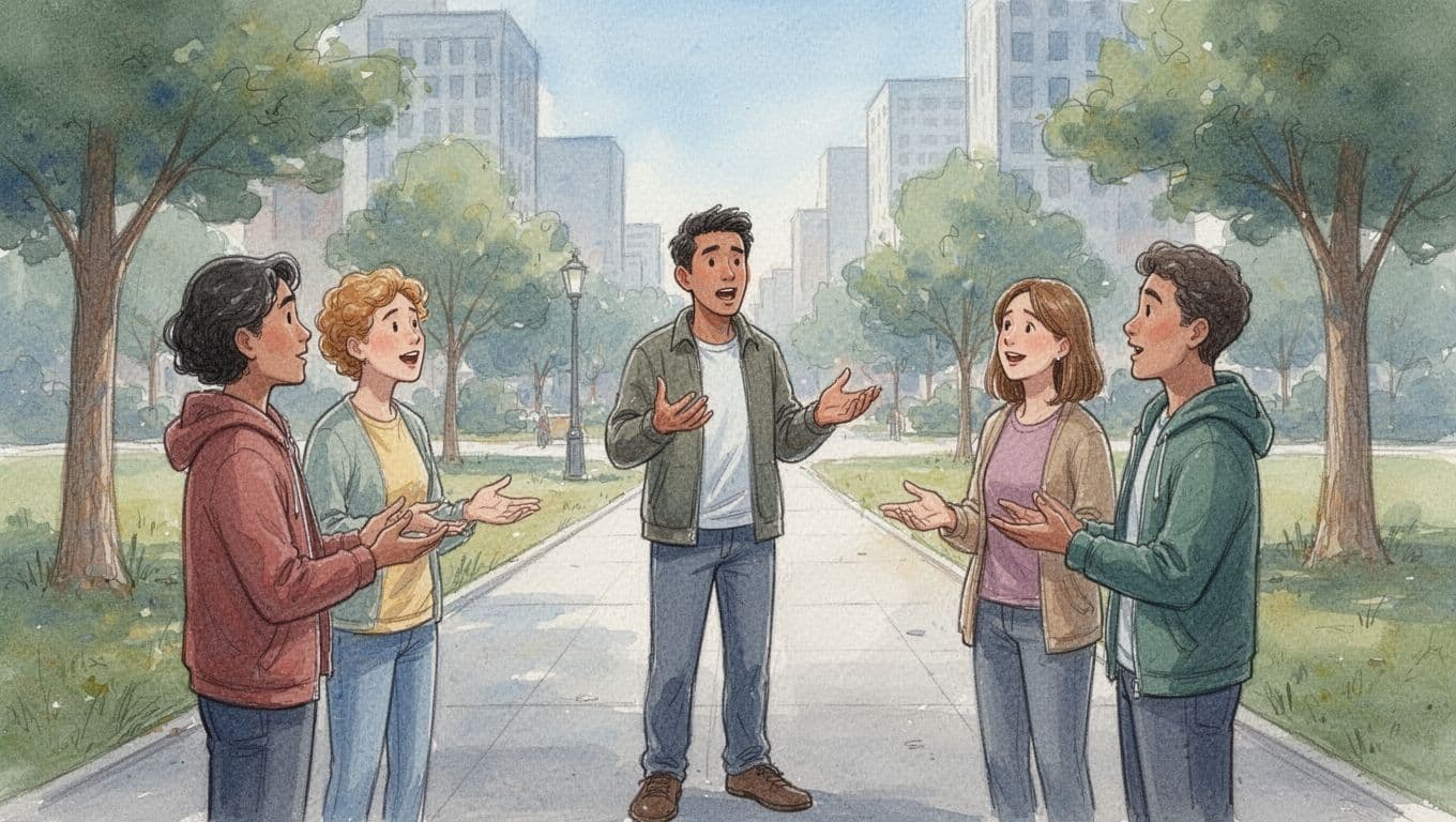 A confident person stands on a sunny urban park sidewalk, gesturing naturally while speaking to three attentive listeners, rendered in watercolor style with soft blending, muted earth tones, and peaceful expressions.