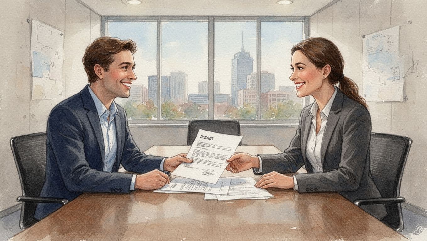 Two professionals in business casual attire sit across a table in a modern conference room, politely discussing papers with smiles, one gesturing to a contract, in watercolor style with soft blending and visible brush texture, and warm neutral palette under natural daylight.