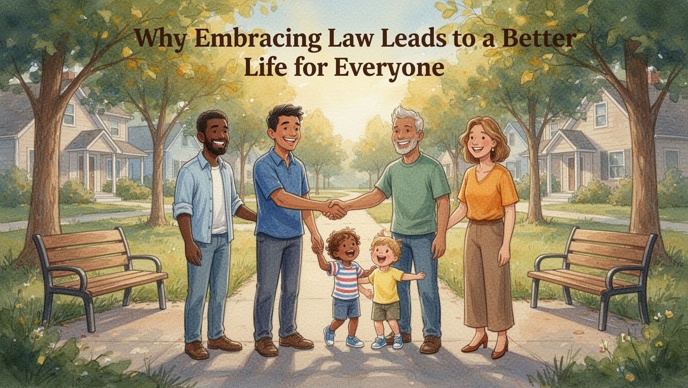 Diverse group of five people smiling, shaking hands, and playing with a child in a sunny neighborhood park with paths, benches, and trees; watercolor style evoking thriving community under rule of law.