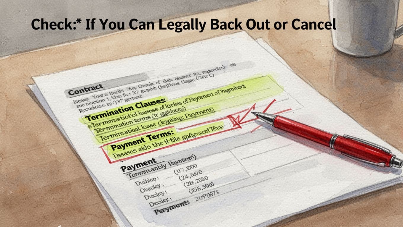 Close-up watercolor illustration of a contract document on a table with highlighted termination clauses and payment terms, marked by a red pen in a simple office setting with soft blending and warm neutral tones.