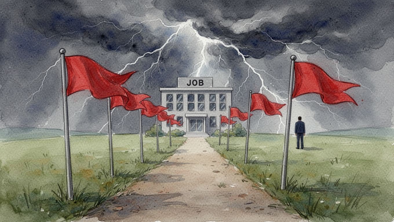 Symbolic watercolor image of red warning flags lining a path leading to a job building under a stormy sky, featuring a single cautious figure in the background with muted colors and soft brush textures.