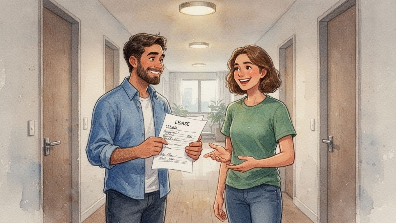 Watercolor-style illustration of a modern apartment hallway with a casually dressed landlord holding signed lease papers and a smiling tenant nearby, under warm lighting, conveying mutual understanding of rental rules.