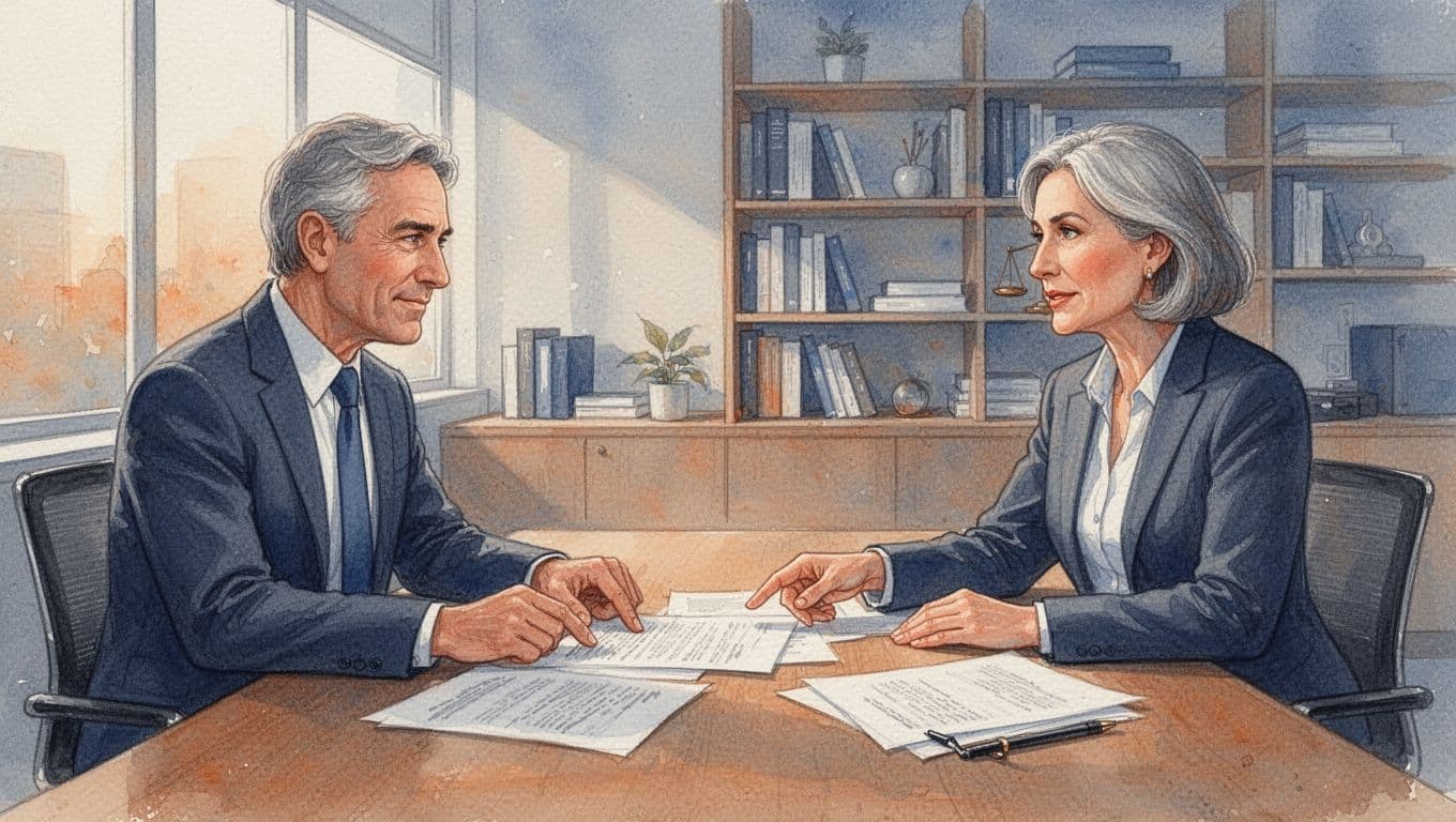 A middle-aged male lawyer and female client sit across a table in a modern office, engaged in a relaxed discussion while reviewing documents, with one hand pointing to the paper. Rendered in watercolor style with soft blending, visible brush texture, bookshelves in the background, afternoon light, and a consistent palette of muted blues and oranges.