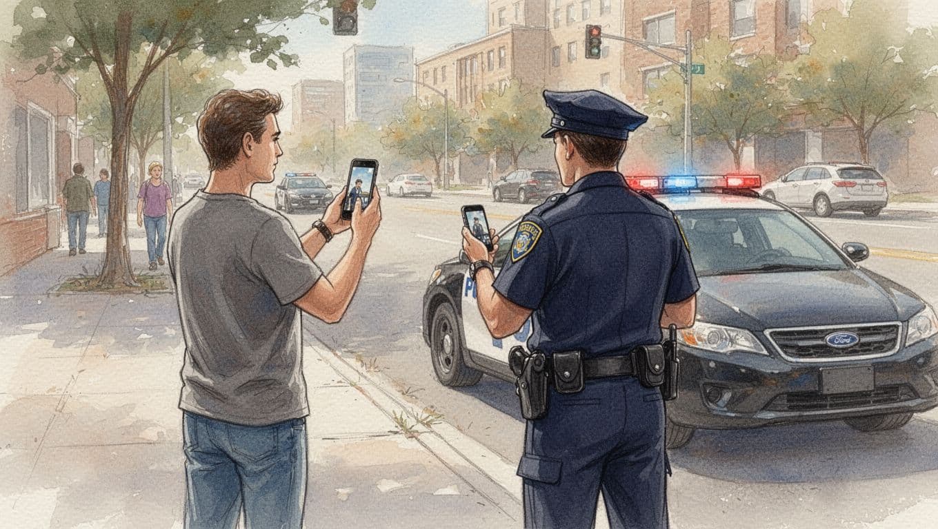 An adult stands openly on a public sidewalk holding a smartphone to record the back of a police officer during a routine traffic stop, with the officer facing a car; watercolor style in daytime urban setting, exactly two people, no bystanders.