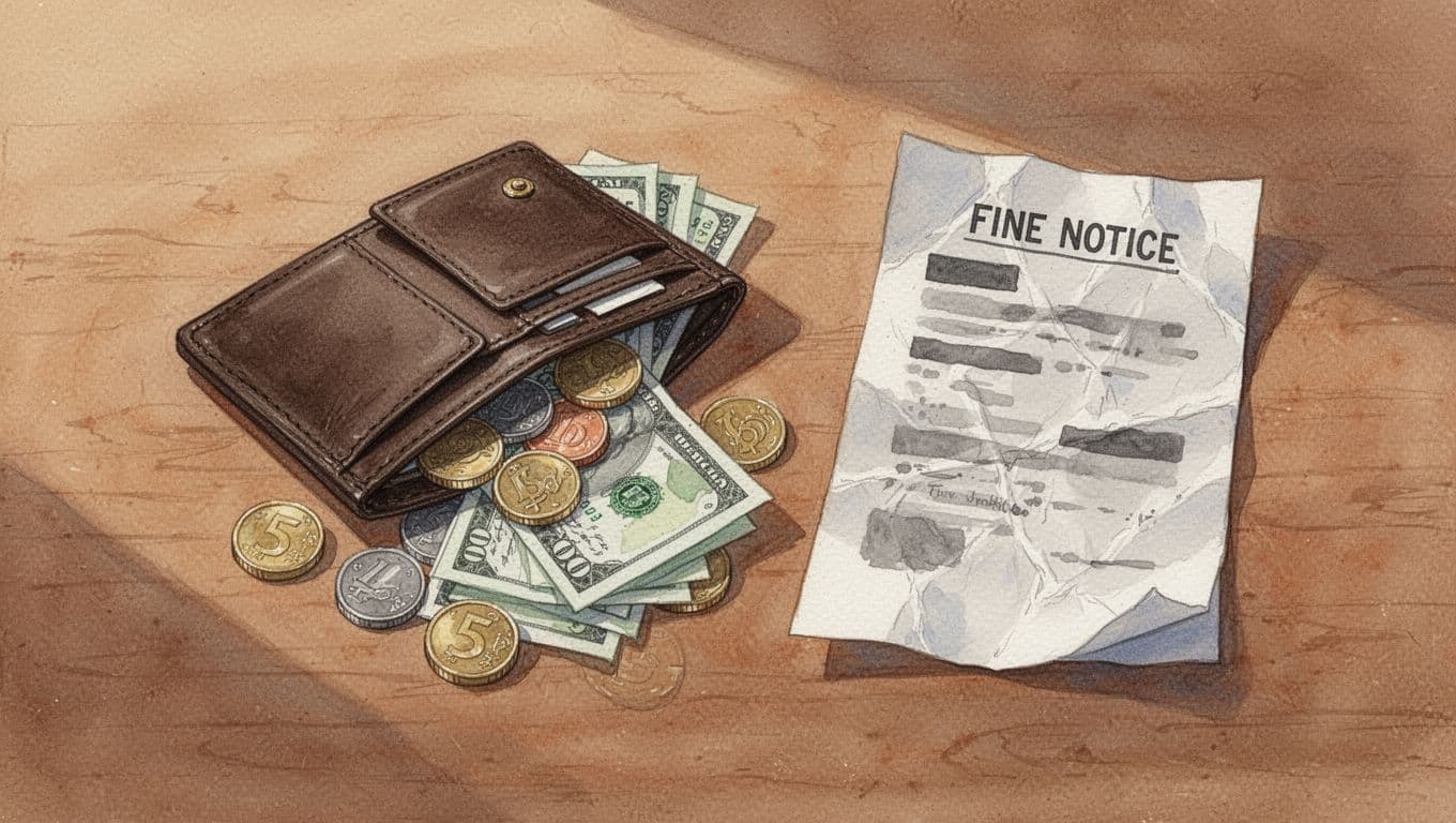 Open wallet spilling coins and bills on wooden table, crumpled fine notice nearby, symbolic of financial penalty, soft shadows, watercolor style with soft blending.