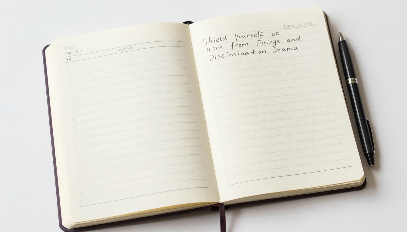 Watercolor-style open notebook on a desk featuring handwritten dated entries and a pen beside it, under soft office lighting, visualizing a simple work diary for employee protection.