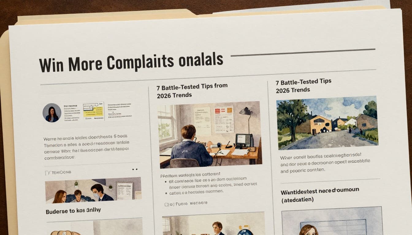 Close-up watercolor illustration of an organized folder containing screenshots, photos, receipts, and notes for a seller complaint, featuring soft blending, visible brush texture, muted tones, and soft desk lamp lighting.