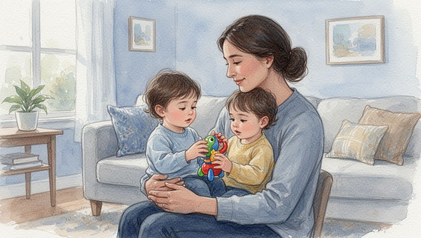 A parent holds a young child in a cozy living room, sharing a warm family interaction as the child plays with a toy, rendered in soft watercolor style with pale blue tones.