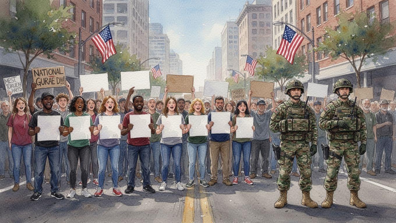 Diverse crowd of 20-30 peaceful protesters holding blank signs on urban street faces distant calm National Guard soldiers, tense non-violent atmosphere with city buildings and American flags, watercolor style.