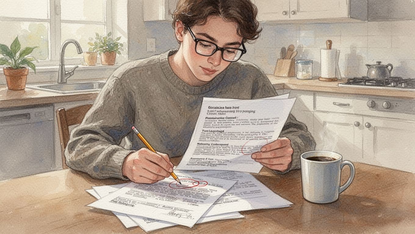 A person sits at a home kitchen table wearing glasses, intently reading a long contract and circling key terms with a pencil, with a coffee mug nearby in cozy morning light, depicted in watercolor style with soft blending and warm neutrals.