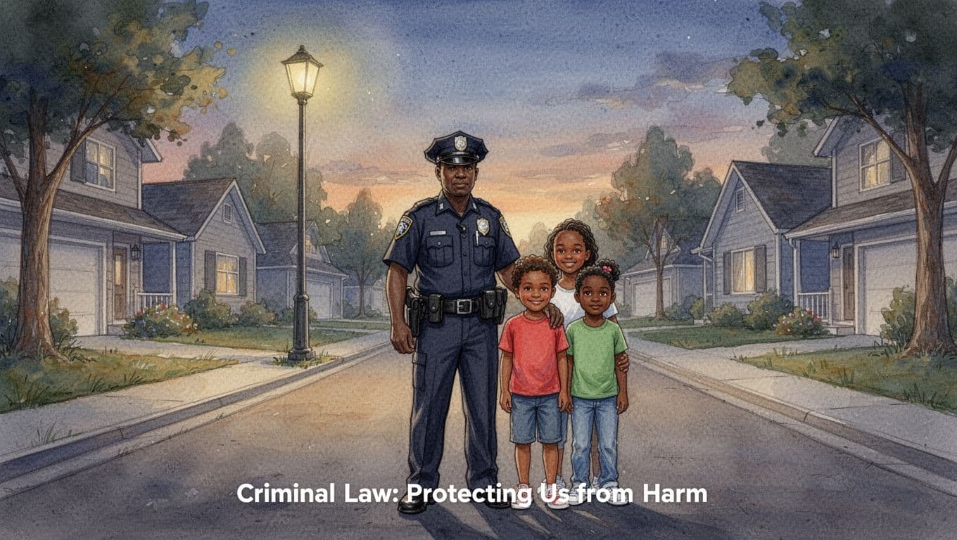 Watercolor illustration of a police officer standing protectively in front of a diverse family on a quiet suburban street at dusk, with soft warm streetlamp lighting emphasizing safety and community protection.