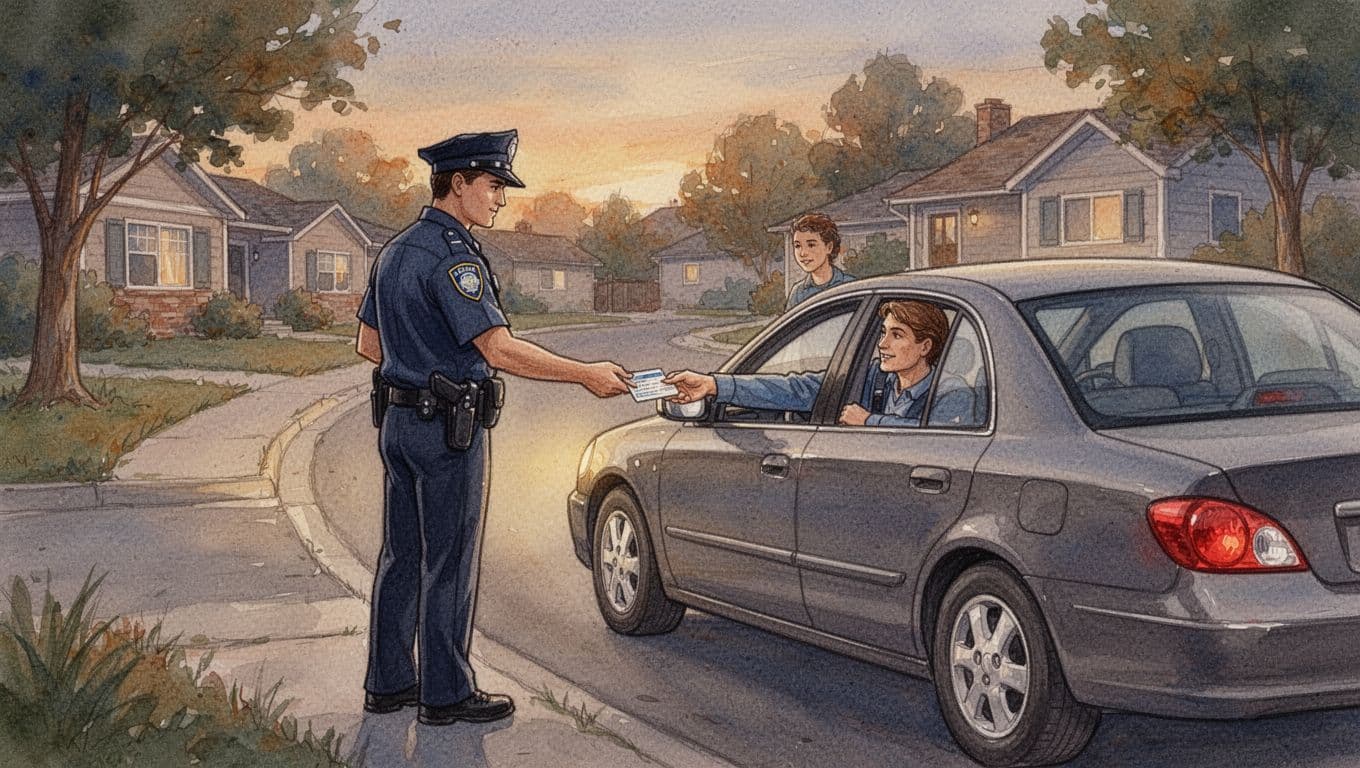 A uniformed police officer pulls over a sedan on a suburban street at dusk, with the driver handing over their license through the window in a calm interaction, watercolor style with soft blending.