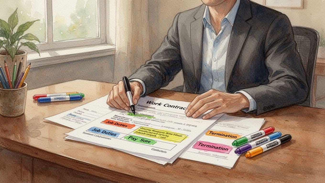 A focused professional sits at a wooden desk in a cozy home office, reviewing a simple work contract with highlighted sections on job duties, pay, and termination using colored markers. Watercolor style features soft blending, visible brush texture, warm earth tones, and soft natural light from a window.