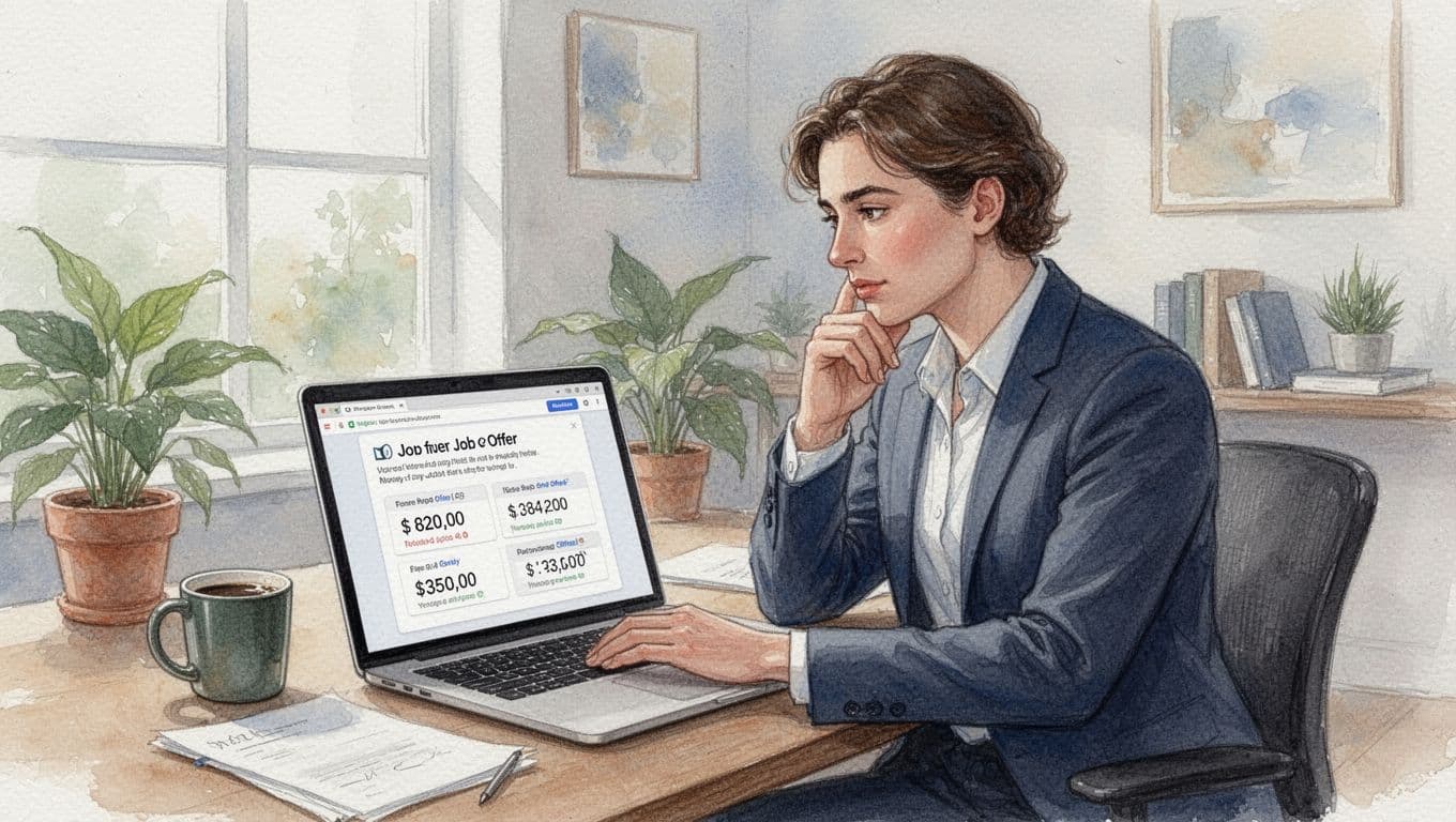 A professional sits thoughtfully at a home office desk, reviewing numbers on a job offer email displayed on an open laptop, with a coffee mug nearby, rendered in watercolor style with soft blending, visible brush texture, and natural daylight lighting.