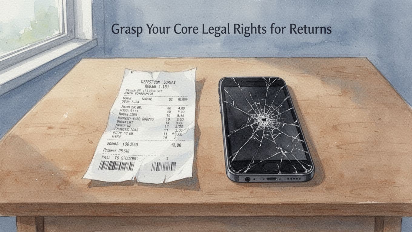 Receipt paper and a broken smartphone with cracked screen placed side by side on a plain wooden table, rendered in watercolor style with soft blending, brush textures, and natural daylight.