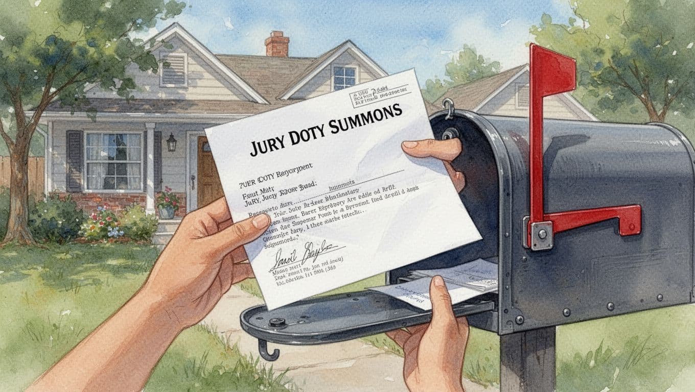 Watercolor illustration of a hand holding a jury duty summons envelope from a suburban mailbox on a sunny day, close-up composition emphasizing civic responsibility.
