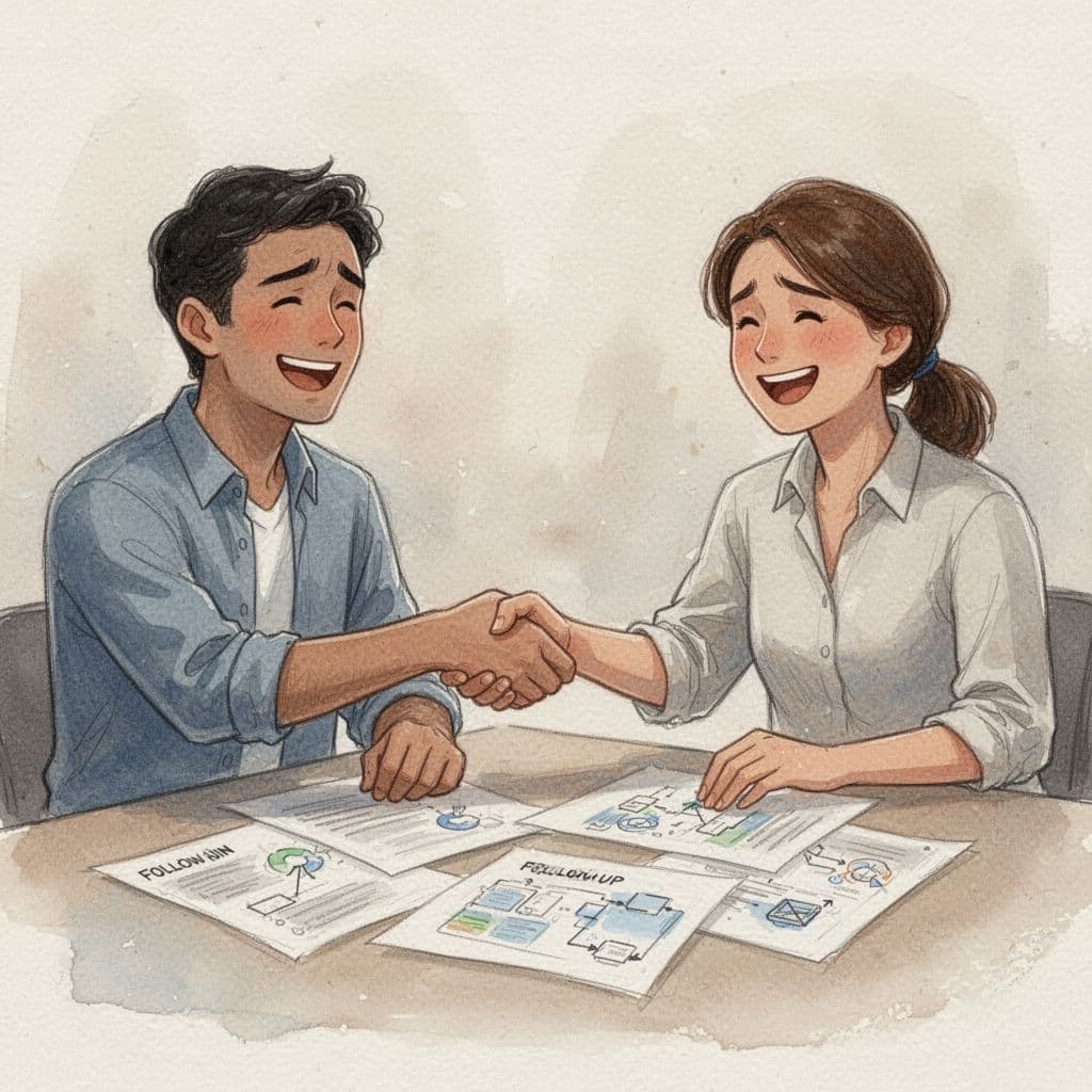 Two individuals shaking hands post-agreement with smiling relieved expressions, papers displaying a plan on the table, evoking follow-up trust in watercolor style with soft blending, brush texture, and warm neutral tones on a simple background.