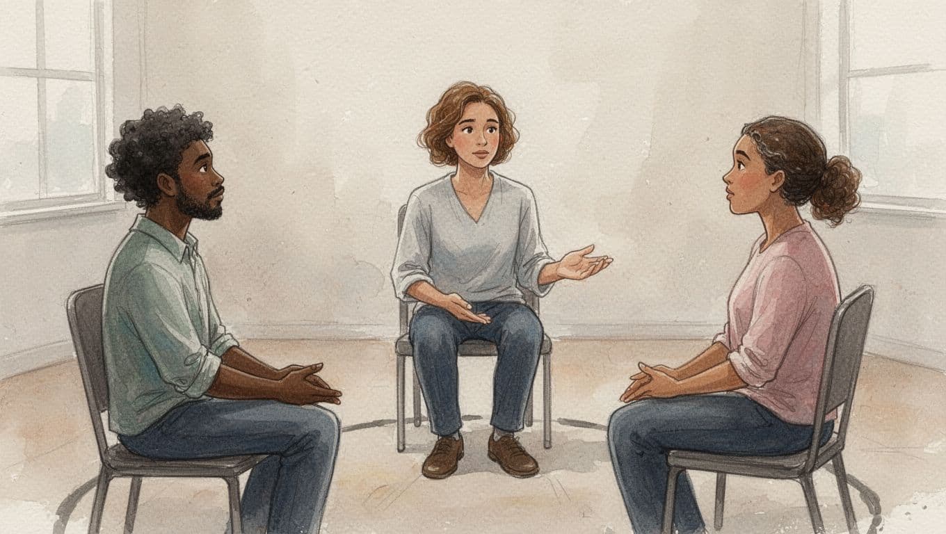 Three diverse people sit in a circle for a calm restorative mediation session, facilitated by a neutral mediator with relaxed hands and thoughtful expressions in a simple room. Watercolor style features soft blending, visible brush texture, and warm neutral tones.