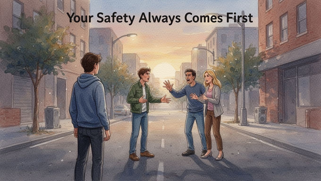 A single person stands at a safe distance on a city street, calmly observing a tense argument between two others ahead in soft evening light, rendered in watercolor style with soft blending and visible brush textures.