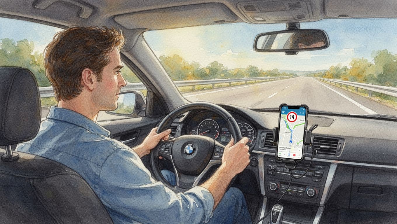 Driver in a sedan on a sunny highway glances safely at phone mount with navigation app showing speed limit alert, hands on wheel, relaxed posture, watercolor style with warm lighting.