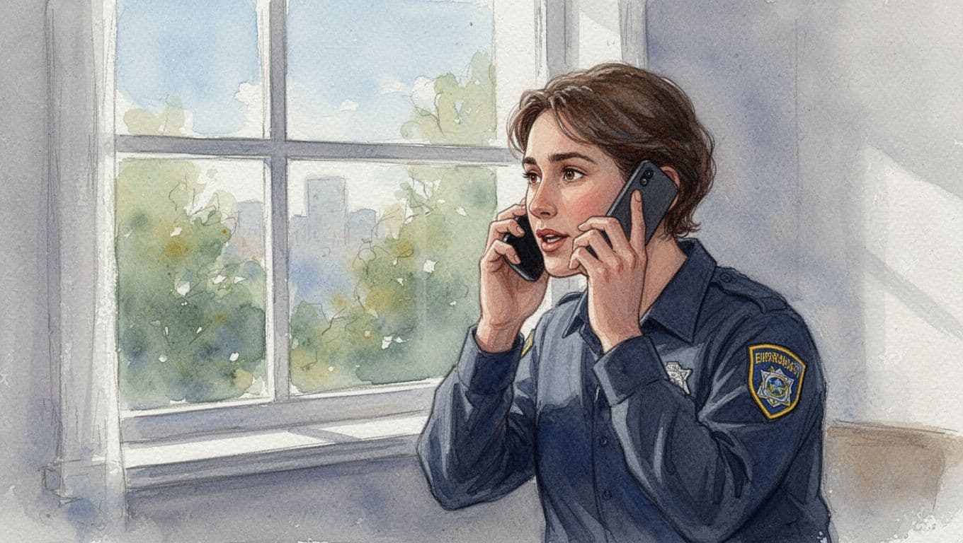 Person speaking calmly on phone to emergency services from safe indoor spot looking out window with focused expression, watercolor style with soft blending and visible brush texture.