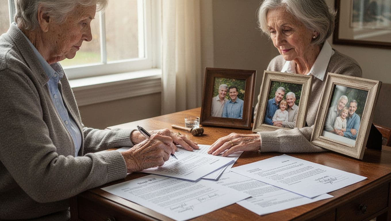 An older adult at a desk with family photos nearby, thoughtfully writing notes next to a simple will document and estate planning papers in a calm atmosphere with soft window light.
